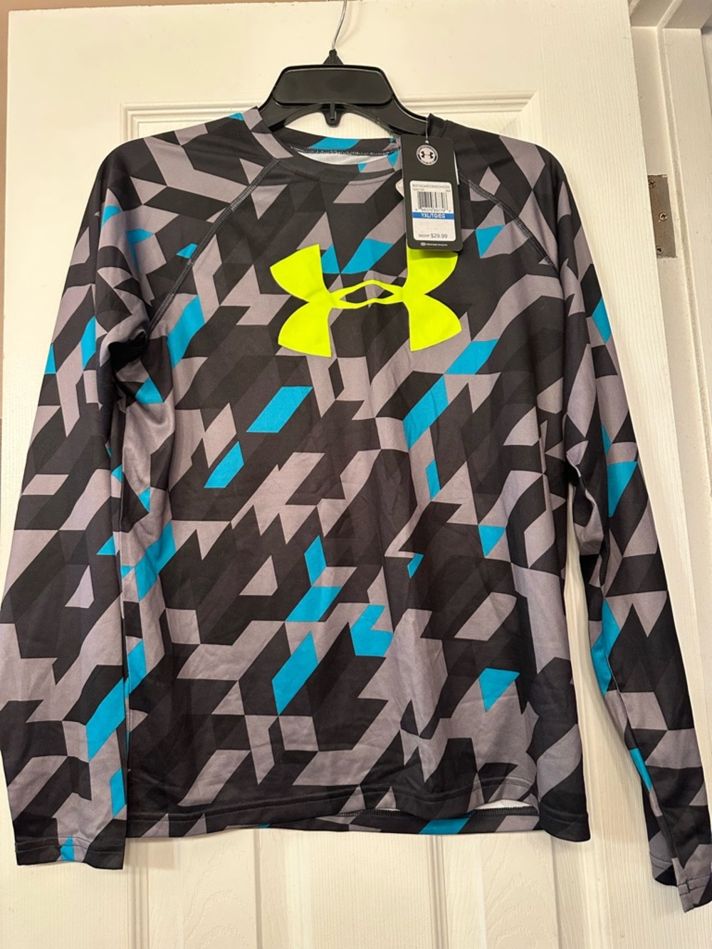 Under Armour Boys' Black & Gray Geo Tee with Neon Yellow Logo and Teal Accents